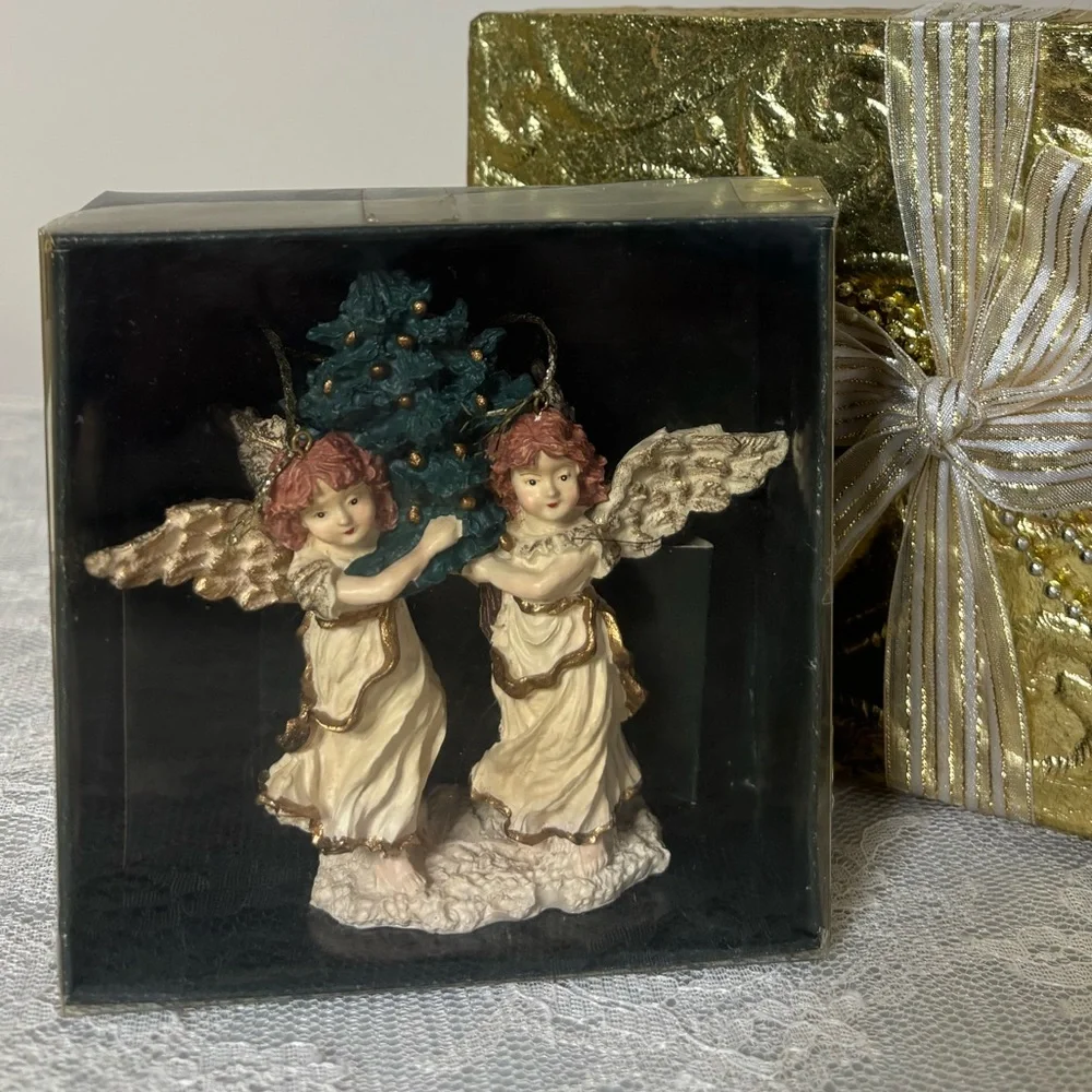 Vintage Victorian Tree Ornament Christmas Angels Hand Painted Luxury Gold Cream